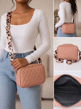 Quilted Blush Pink Crossbody Bag w/ Leopard Strap Gold Hardware Trendy Shoulder